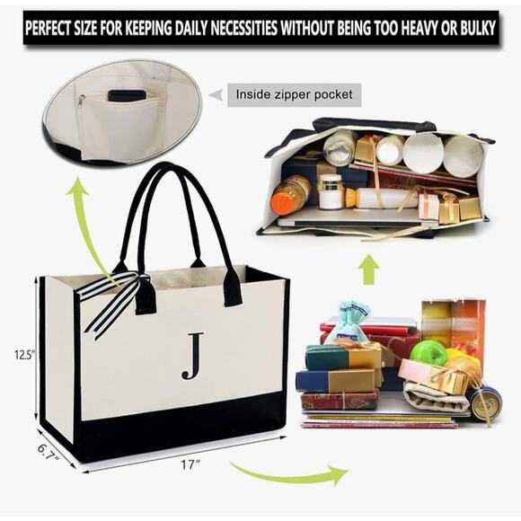 New Monogram "S" Canvas Tote Inside Zipper Pocket Great Gift Personalized Bag - Picture 4 of 6